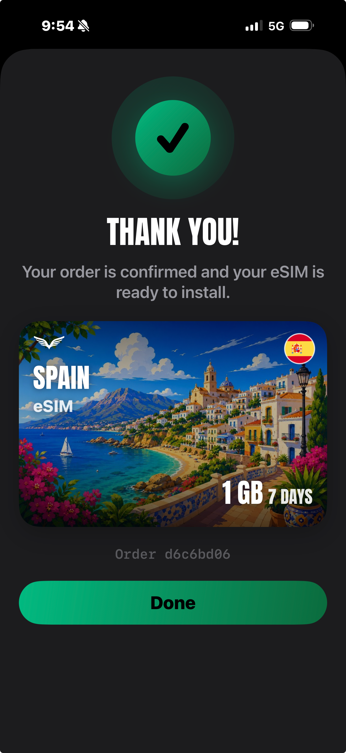 Order confirmation screen showing the eSIM ready to install